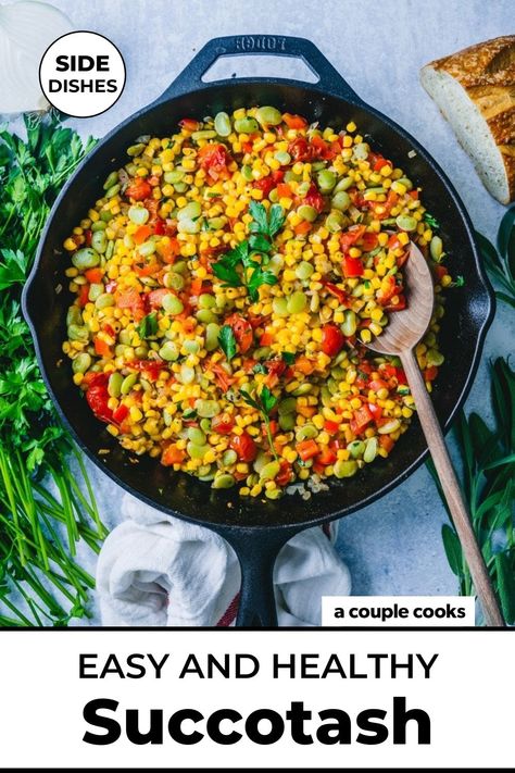 This classic Succotash recipe is a great way to infuse vegetables into any meal! It's a healthy side dish with a long history. #succotash #succotashrecipe Succotash Recipes, Succotash Recipe, Beach Recipes, Winter Salad Recipes, Salad Dressing Recipes Healthy, A Couple Cooks, Savory Sides, Deliciously Ella, Healthy Side Dish