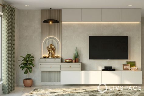 Contemporary Pooja Unit, Tv Unit Attached Mandir, Tv Unit With Pooja Unit, Tv Unit With Mandir, Tv Units In Living Room, Pooja Unit, Modern Tv Unit Designs, Tv Unit Furniture Design, Mandir Design