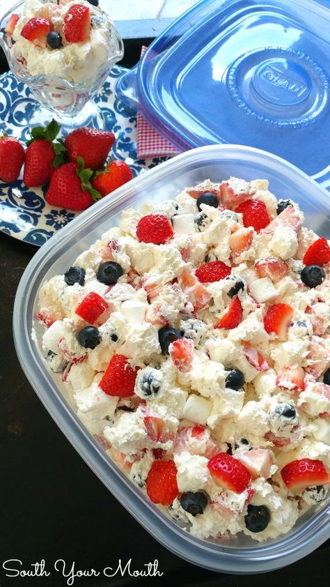 Red, White & Blue Cheesecake Salad! This berry cheesecake dessert is perfect for Memorial Day and 4th of July with strawberries, blueberries and cream cheese filling. Memorial Dessert Ideas, Red White And Blue Cheesecake Salad, Summertime Dinner Ideas, Preacher Cake, Blue Cheesecake, Northeast Georgia, 4th July Food, Cheesecake Salad, America Cake