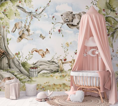 Watercolor Tree Forest Woodland, Blue sky and Clouds Mural with Bear, Deer, Bunny, Squirrel for the nursery and kids room. Fir Trees Fabric Wallpaper Wallcovering wandtattoo kinderzimmer wandtattoos & wandbilde Our other stores:  CostaCover https://www.etsy.com/shop/CostaCover LoveArtPoster https://www.etsy.com/shop/LoveArtPoster All Wall Murals are made in separate 24in wide sheets for ease of application. ◾ MATERIALS ◾ We use only Genuine Water-Based NON-Solvent Inks, Class "A" Flame Resistant and GREENGUARD GOLD Certified Materials.  * Peel and Stick Vinyl: Smooth. Matte finish. Removable and repositionable for smooth surfaces. For long or short-term installations. * Peel and Stick Canvas Vinyl: Canvas texture. Matte finish. Removable and repositionable for smooth surfaces. For long or Floral Wall Decals, Tree House Designs, Forest Nursery, Kids Room Wallpaper, Peel And Stick Vinyl, The Embrace, Types Of Painting, Room Wallpaper, Beatrix Potter