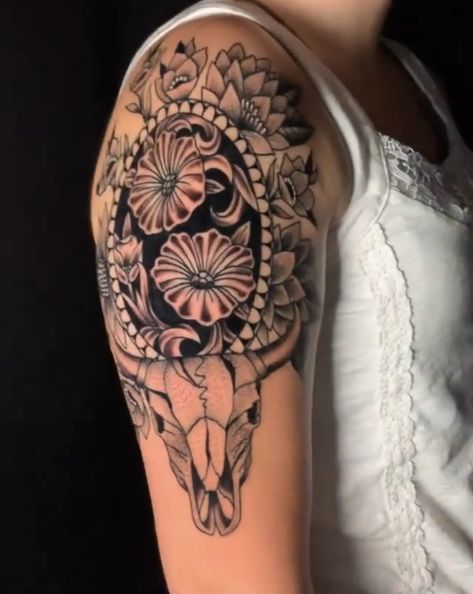 Western Tattoo With Flowers, Bull Skull Tattoo With Flowers Sleeve, Leather Tooling Tattoo Ideas, Western Forarm Tattoos For Women, Leather Design Tattoo, Tooled Leather Tattoo Design Western, Leather Tooled Tattoo, Western Tooled Leather Tattoo, Women Tattoos Western