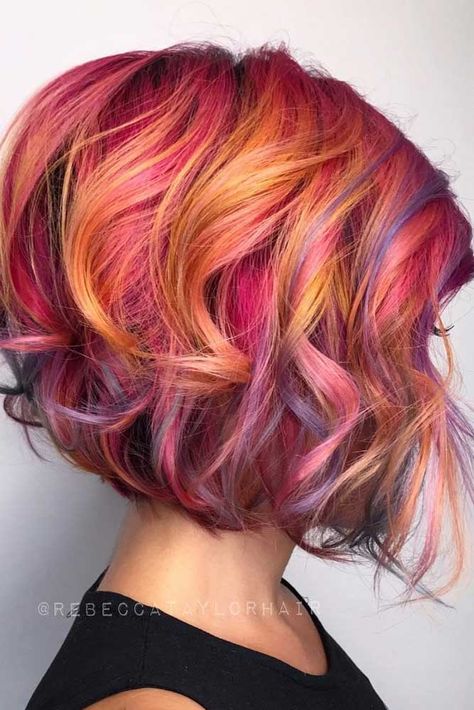 Cute Easy Hairstyles, Easy Hairstyles For Short Hair, Sunset Hair, 2020 Hairstyles, Short Bobs, Bright Hair Colors, Short Bangs, Multicolored Hair, Bright Hair