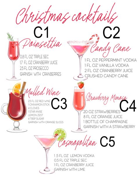 Signature Holiday drink Menu | Vinylbug Designs Red Christmas Cocktails Holiday Drinks, Holiday Drinks Recipes, Signature Winter Cocktails, Christmas Drink Display, Holiday Ornament Drinks, Holiday Drink Board, Christmas Cocktail Party Menu Ideas, Pink Holiday Drinks, Christmas Wedding Drinks