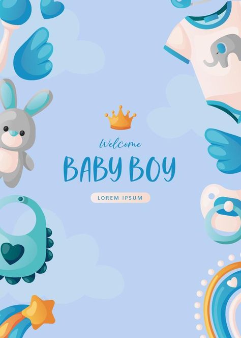 Baby shower invitation with clothes, stars, toys, rattle, wings helium balloons and heart on blue. Lettering It's a boy. Hello baby celebration, holiday, event. Banner, flyer. Baby Boy Banner, Welcome Baby Boy, Its A Boy Banner, Event Banner, Hello Baby, Helium Balloons, Welcome Baby, Baby Shower Invitation, Vector Graphics