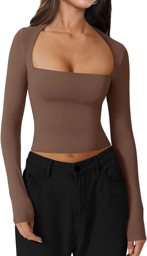 LACOZY Women Square Neck Crop Tops Long Sleeve Shirt Skim Dupes Baby Tee Y2k Basic Going Out Top Slim Fit Top Coffee XL : Amazon.ca: Clothing, Shoes & Accessories Low Cut Outfit, Crop Top Long Sleeve, Slim Fit Crop Top, Cropped Tee Shirt, Crop Top Long, Clothing Casual, Y2k Clothing, Tops Blouse, Going Out Tops