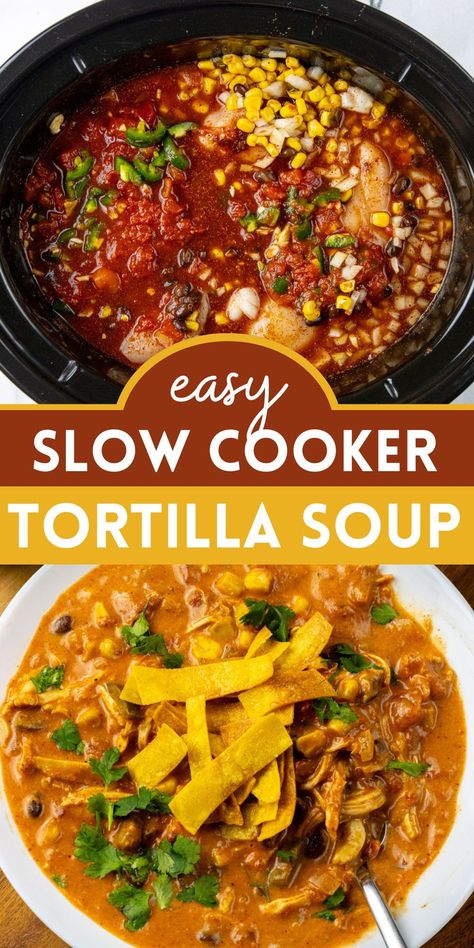 Creamy Chicken Tortilla Soup Crock Pot is perfect for an easy weeknight dinner. This soup is creamy, thick, and cozy. The best part about this recipe is that it's cooked in a slow cooker. Easy Crockpot Tortilla Soup, Chicken Taco Soup Crock Pot, Slow Cooker Chicken Soup Recipes, Tortilla Soup Crock Pot, Crockpot Tortilla Soup, Tortilla Soup Crockpot, Crock Pot Chicken Tortilla Soup, Slow Cooker Tortilla Soup, Slow Cooker Chicken Taco Soup