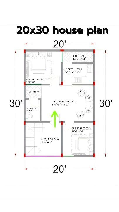 22×32 House Plan, 20×30 House Plan, 20 50 House Plan, House Design Architecture, 20x30 House Plans, Indian House Exterior Design, Home Gate Design, Little House Plans, Living Hall