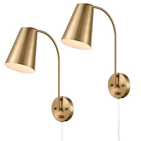 Modern Yellow Gold Plug-in Wall Lights - Set of 2 | Claxy Gold Wall Lights, Plug In Wall Lights, Cord Set, Brass Wall Light, Modern Wall Sconces, Gold Wall, Barn Lighting, Brass Wall, Light Bulb Types