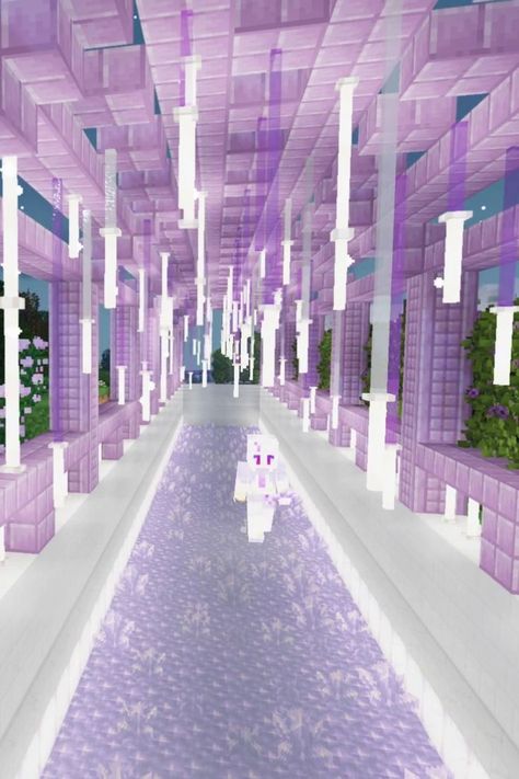 A walkway in the garden I built in Minecraft. #minecraft #purple #violet #magical #fantasy #build #minecraftbuilds #minecrafters #minecraftbuilder #shaders #shadersminecraft #aesthetic #purpur #quartz #garden #lights #walkway Minecraft Walkway, Minecraft Purple, Minecraft Banner Patterns, Aesthetic Minecraft Builds, Description Ideas, Minecraft Kingdom, Minecraft Garden, Minecraft Mansion, Minecraft House Plans