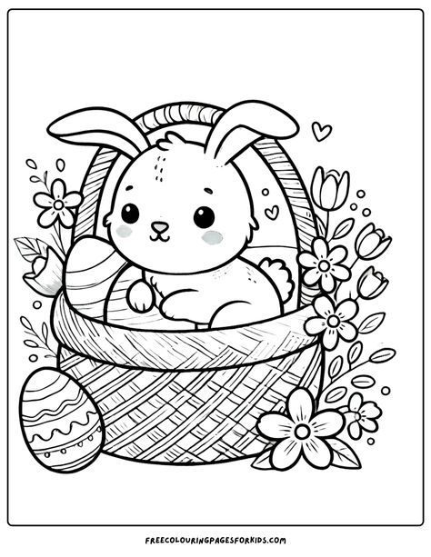 Bunny in a Basket! This delightful design showcases an adorable bunny nestled in a cozy woven basket, surrounded by colorful flowers and cheerful Easter eggs. Bunnies Painting, Rabbit Coloring Pages, Printable Easter Coloring Pages, Kid Coloring Pages, Rabbit Coloring, Easter Coloring Sheets, Easter Symbols, Bunny Coloring, Young Rabbit