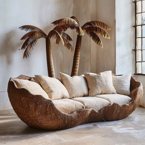 Introducing the CocoChill Couch: Inspired by coconuts, this stylish seating option features a rounded silhouette and plush coconut husk-inspired upholstery for a cozy and eco-friendly experience. Conceptual AI Art Follow @ecosapiens for more! Coconut Furniture, Shell Furniture Design, Shell Inspired Furniture, Coconut Inspired Architecture, Coconut Shell Coffee Table, Coconut Decor, Furniture Inspired By Nature, Coconut Shell Side Table, Coconut Chair