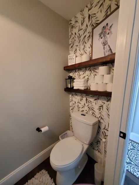 Half Bathroom Ideas With Storage, Peel And Stick Wallpaper Half Wall, Wallpaper Behind Toilet Half Baths, Magnolia Home Peel And Stick Wallpaper, Stick And Peel Wallpaper Bathroom, Floating Shelves On Wallpaper, Peel And Stick Wallpaper Behind Toilet, Small Hallway Half Bathroom Ideas, Magnolia Wallpaper Bathroom