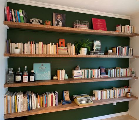 Green Wall Bookshelves, Dark Green Bookshelf, Make Bookshelf, Homemade Bookshelf, Floating Bookshelf Wall, Homemade Bookshelves, Green Bookshelves, Diy Bookcase, Bookcase Ideas