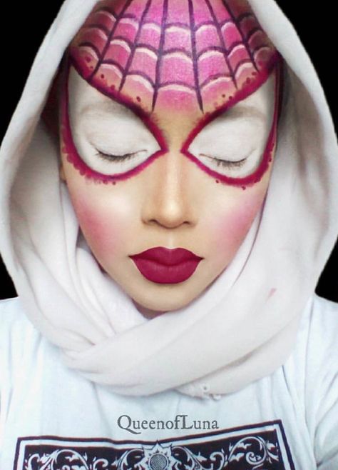 Spider Gwen Costume Women, Ghost Spider Gwen Makeup, Ghost Spider Costume Women, Spider Gwen Makeup Halloween, Gwen Stacy Costume Diy, Ghost Spider Cosplay, Diy Spider Gwen Costume, Gwen Stacy Face Paint, Spider Gwen Face Paint