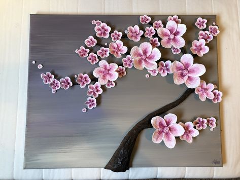 A 3D representation of a cherry blossom tree on canvas. This item is for sale and is 16" x 20". Not your style? Want something a little different or a different size? Ask me to make you a custom 3D canvas painting! 3d Cherry Blossom Tree, 3d Tree Painting, 3d Canvas Painting, Birthday Quilling, Tree On Canvas, Diy Large Wall Art, 3d Canvas, Base Drawing, 3d Tree