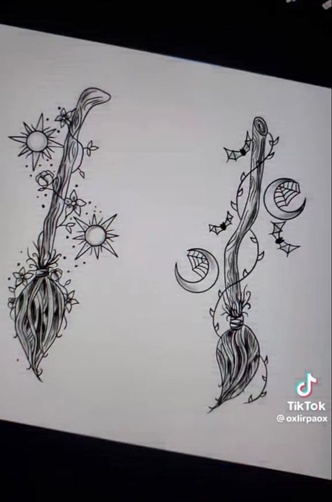 Which Broom Tattoo, Minimalistic Witch Tattoo, Witchy Key Tattoo, Witch Broom Tattoo Design, Witchy Sister Tattoos For 2, Good Witch Tattoo Ideas, Small Matching Witchy Tattoos, Sanderson Sister Tattoo Ideas, Matching Witch Tattoo Ideas