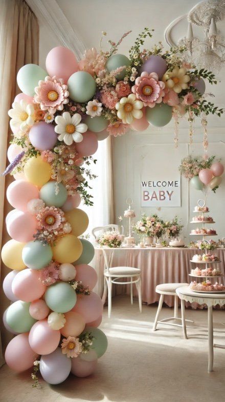 Flower Themed Decor, Baby Shower Decorations Girl Simple, Balloon Arches For Baby Showers, April Showers Theme, Baby Shower Decorations Balloons, Baby Girl Bunny Baby Shower Ideas, Neutral Floral Baby Shower Ideas, Pink Balloon Arch With Flowers, Baby Shower Ideas Baby Girl