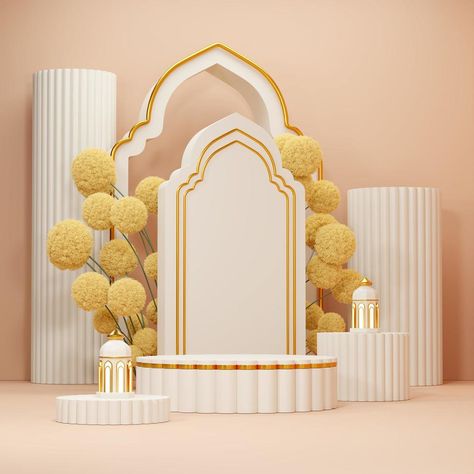 3d rendering image of ramadan and eid fitr adha mubarak theme greeting background with islamic decoration objects Ramadan Display Ideas, Ramadan Theme Decoration, Islamic Wedding Decoration, Ramadan Theme Design, Eid Al Fitr Decorations, Eid Mubarak Photography, Islamic Backdrop, Eid Backdrop, Eid Celebration Ideas