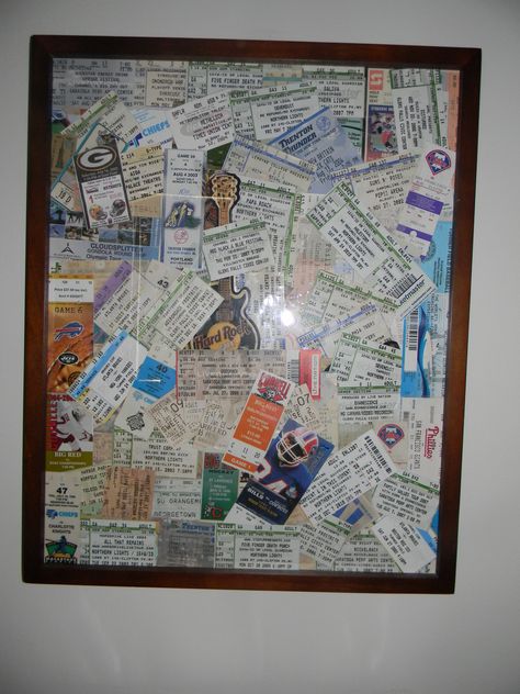 old concert and sports tickets in a simple frame Concert Ticket Display Ideas, Framed Concert Tickets, Movie Ticket Display, Ticket Stubs Display, Concert Tickets Display, Concert Ticket Display, Ticket Collage, Ticket Collection, Ticket Display