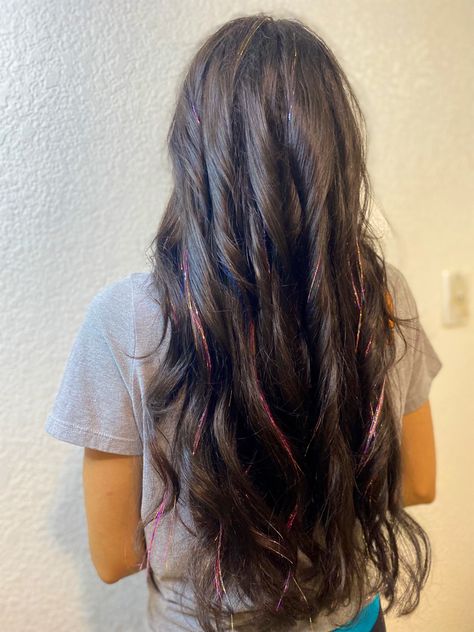 Glitter Hair Strands, Edc Hair, Track Hairstyles, Brunette Aesthetic, Hair Tinsel, Bridal Hair Inspiration, Fairy Hair, Hippie Hair, Birthday Hair