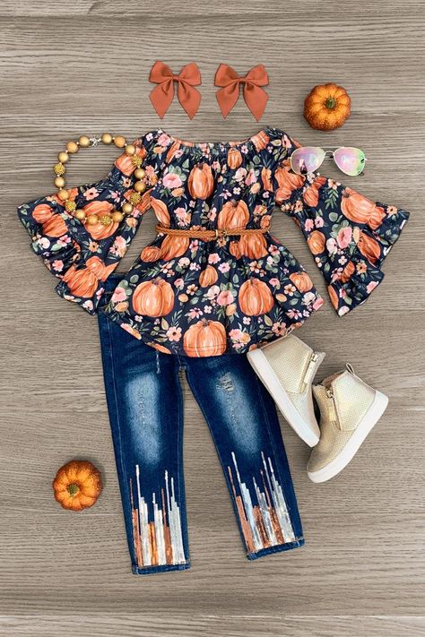 Let your little girl show off her cute style with this Pumpkin Floral Sequin Denim Pant Set. This bell sleeve top features a floral pumpkin print and is paired with matching denim jeans with sequin detailing. Shop this cute fall look today! Bell Sleeves Top, Parent Trap, Floral Pumpkin, Braided Belt, Pumpkin Print, Sleeves Top, Distressed Denim Jeans, Homeschool Curriculum, Pant Set