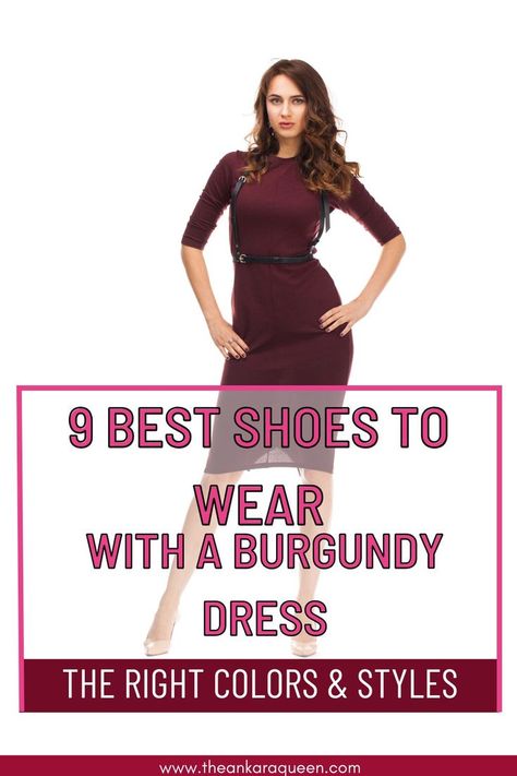 A young woman stands with both hand on her hips wearing a burgundy dress. Heels For Burgundy Dress, Burgundy Dress Accessories Shoes, Burgundy Dress Heels, Heels For Maroon Dress, Style Burgundy Dress, Makeup With Wine Dress, Maroon Sweater Dress Outfit, Burgundy Dress Outfit Wedding Guest, Shoes For Burgundy Dress