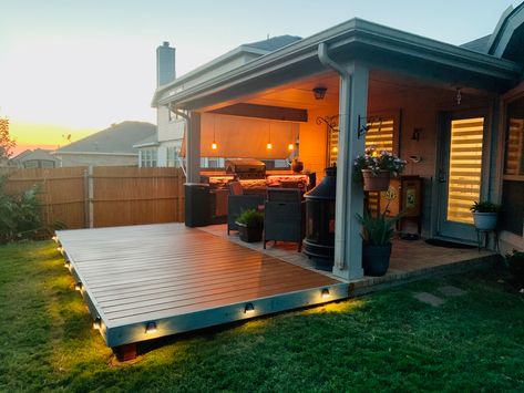 Back Deck Extension Ideas, Wood Deck Extension Off Concrete Patio, Patio Extension Ideas Concrete, Grill On Deck Ideas, Alfresco Extension Ideas, Deck Extension Ideas Backyards, Back Porch Extension Ideas, Diy Patio Extension, Outdoor Patio Extension