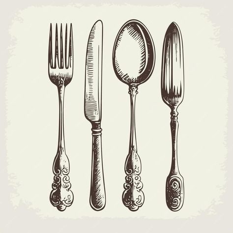 Premium Vector | A realistic handdrawn vector illustration sketch of a cutlery set including a fork spoon and knife arranged as a table setting Vintage Spoon Drawing, Knife And Fork Illustration, Cutlery Drawing, Spoon Sketch, Cutlery Illustration, Fork Illustration, Fork Drawing, Spoon Tattoo, Utensils Drawing