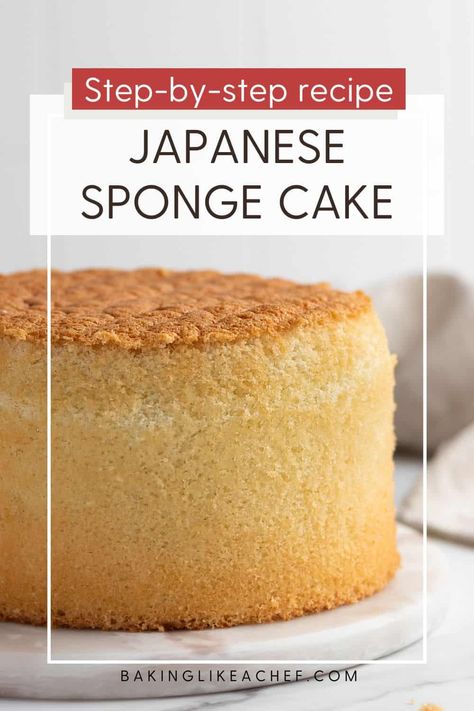 Here is how to make the best Japanese sponge cake. The secret to creating this soft cotton stunning Japanese-style cake lies in a lengthy eggs whisking process that creates an airy and fluffy texture that practically melts in your mouth. With just 5 simple ingredients, this cake is baked to absolute perfection. | www.bakinglikeachef.com Japanese Sponge Cake Recipe, Chinese Sponge Cake Recipe, Chinese Sponge Cake, Japanese Sponge Cake, Sponge Cake Recipe Best, Japanese Buns, Basic Sponge Cake Recipe, Basic Sponge Cake, Japanese Cakes