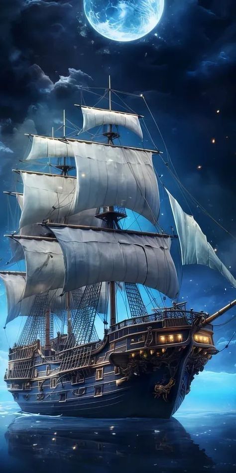 Ship At Night, Ghost Ship Art, Pirate Ship Drawing, Sailboat Photography, Pirate Pictures, Pirate Ship Art, Flying Ship, Old Sailing Ships, Beautiful Scenery Photography