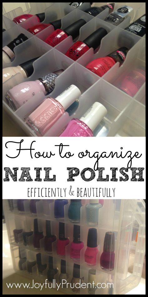 How to organize nail polish. Organized nail polishes in a neat plastic container that's visible and easy to access. Joyfully Prudent Blog Nail Storage Ideas, Organize Nail Polish, Nail Supplies Organization, Nail Polish Dry Faster, Nail Organization, Cheap Nail Polish, Nail Polish Holder, Organisation Ideas, Nail Polish Storage