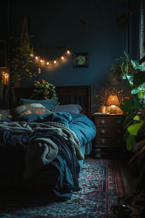 Bedroom With Dark Blue Walls, Vibey Room Aesthetic Cozy Dark, Dark Paint For Bedroom, Moody Teal Bedroom, Room Decor Bedroom Dark, Cozy Dark Home, Bedroom Inspiration Dark, Bedroom Ideas Dark Colors, Blue Moody Bedroom