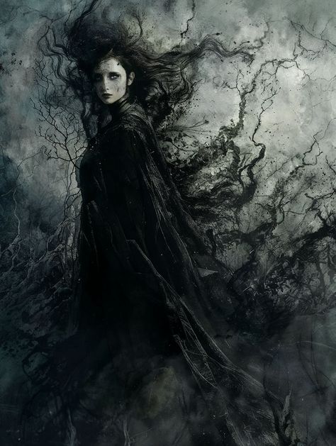 Immerse yourself in the eerie beauty of Norse mythology with this haunting depiction of Hel, the goddess of the underworld. Cloaked in darkness, her gaze pierces through a storm of shadows and twisted branches, embodying the raw power and mystery of the realm she commands. As the daughter of Loki, Hel rules the land of the dead.    #HelGoddess #NorseMythology #GoddessOfDeath #NorseUnderworld #VikingLegends #MythicalArt #DarkFantasy #UnderworldQueen Hel Goddess Art, Hel Goddess Tattoo, Storm Goddess, Goddess Hel, Hel Goddess, Nyx Goddess, Twisted Branches, Viking Images, Goddess Of The Underworld