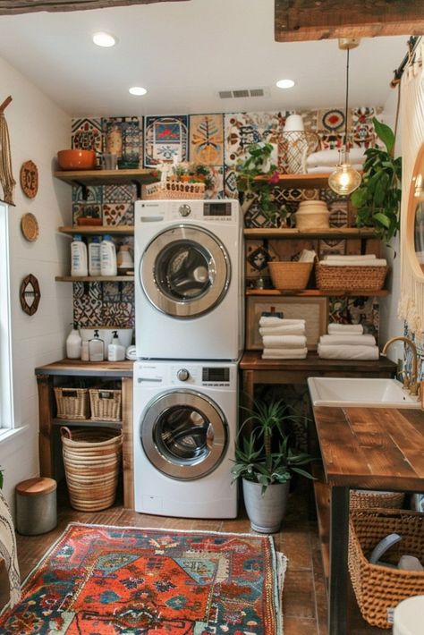 29 Stacked Laundry Room Ideas for Maximizing Your Space and Efficiency 15 Vintage Eclectic Laundry Room, Colourful Rustic Decor, Boho House Outside, Tiny Home Laundry Room, Whimsigoth Laundry Room, Laundry Room Maximalist, Eclectic Home Aesthetic, Bohemian Laundry Room Ideas, Double Wide Decorating Ideas