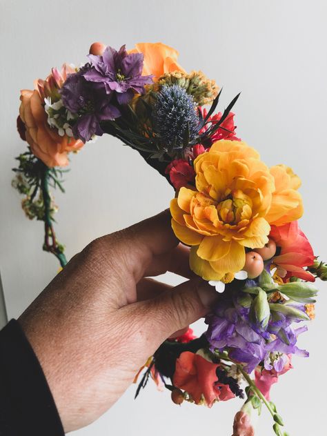 Flower Headdress Wedding, Spring Flower Crown Wedding, Jewel Tone Flower Crown Wedding, Flower Crowns For Wedding, Flower Crown Colorful, Bright Flower Crown, Flower Crown Real Flowers, Flower Crown Wildflowers, Polish Flower Crown