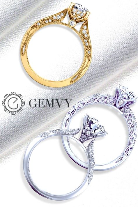 3 diamond rings-Yellow and white gold unique diamond engagement rings from Gemvy's Wisteria collection. Ring Sketch, Solitaire Bands, Style Character, High Jewelry Ring, Diamond Pendants Designs, Art Jewelry Design, Jewelry Design Drawing, Unique Diamond Engagement Rings, Elegant Engagement Rings