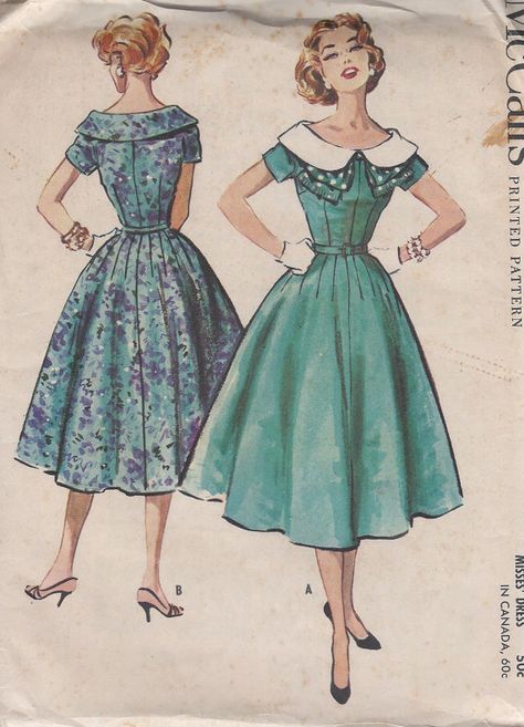 Vintage 1957 Misses'  Dress  Pattern, Boat Neckline Neckline, Wide Collar, McCall's 4394 50s House, 1950s Dress Patterns, Butterick Dress Patterns, Mccalls Patterns Dress, Vintage Outfits 50s, Patron Vintage, Vintage Dress Patterns, Full Skirt Dress, Dress Making Patterns