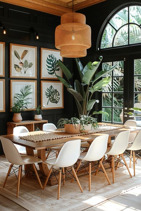 Dining room wall decor - Remodr How To Decorate A Large Wall Dining Room, Cozy Earthy Dining Room, Dining Area Wall Decor Ideas Modern, Picture Wall Dining Room, Fun Dining Room Ideas, Dining Room Plants, Diningroom Walldecor, Bohemian Dining Room Ideas, Narrow Living Room Dining Room Combo