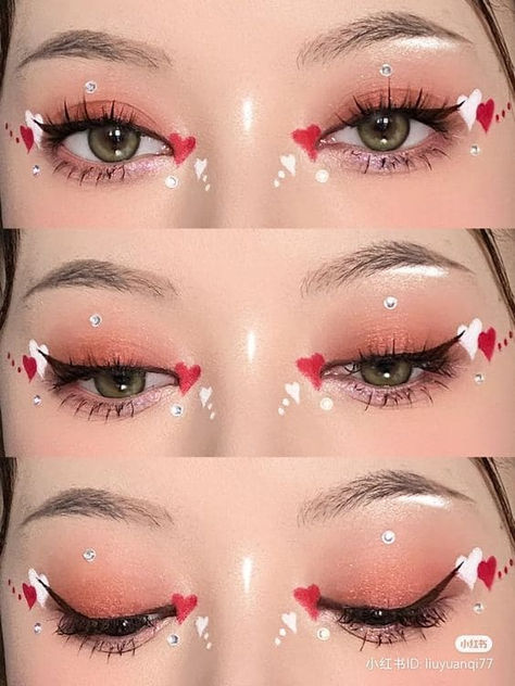 heart makeup: red and white heart eyes Heart Douyin Makeup, Cute Heart Makeup, Douyin Valentine Makeup, Red Silver Makeup, Valentines Makeup Looks Simple, Valentine Makeup Ideas, Red And White Makeup, Heart Makeup Look, Cupid Makeup