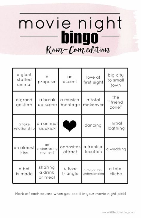 Rom-Com movie night bingo free printable. #printable #movies Movie Night Bingo, Movie Bingo Template, Bachelorette Movie Night Ideas, Galentines Movie Night Ideas, Movie Night Games, Movie Club Ideas, Movie Night Movies, Romcom Bachelorette Party, Rom Com Party