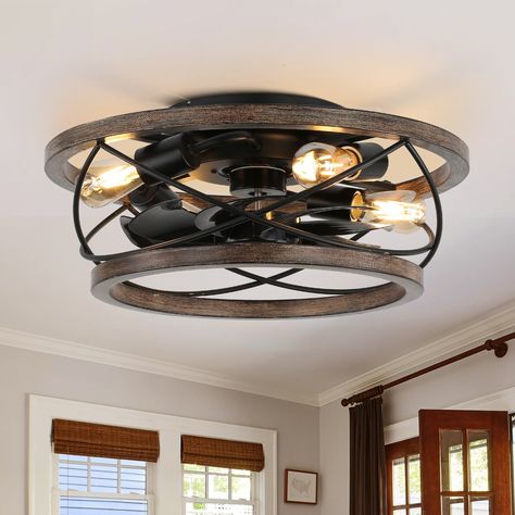 Cage Ceiling Fan, Rustic Ceiling Fan, Wood Ceiling Fans, Caged Ceiling Fan, Farmhouse Ceiling Fan, Ceiling Fan Design, Flush Mount Ceiling Fan, Traditional Chandelier, Fan With Light