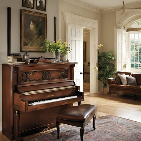 Grand Piano Library Room, Fancy Music Room, Piano In House Interior Design, Victorian Piano Room, Upright Piano Decor Living Rooms, Vintage Piano Room, Pianino In Living Room, Piano Sunroom, Grand Piano Decorating Ideas