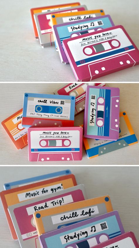 Diy Cassette Tape Cardboard, Music Valentines Cards, Cassette Tape Art Diy, Cassette Tapes Aesthetic, Diy Cassette, Vhs Crafts, Paper Cassette, Cassette Tape Crafts, Cassette Tape Art