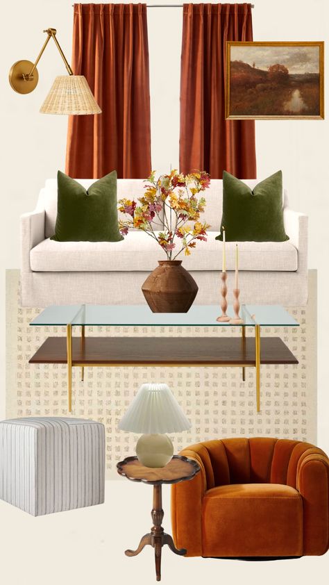 Orange Accents Living Room, Cream And Gold Living Room, Burnt Orange Living Room Decor, Terracotta Living Room, Basement Patio, White Couch Living Room, Porches Ideas, Burnt Orange Living Room, Decorative Drawing