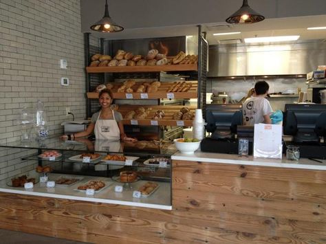 counter with wood paneling. Bakery Checkout Counter, Coffee Shop Counter, Deli Shop, Distressed Mason Jars, Bakery Interior, Pie Shop, Cozy Coffee Shop, Bakery Display, Sandwich Shops