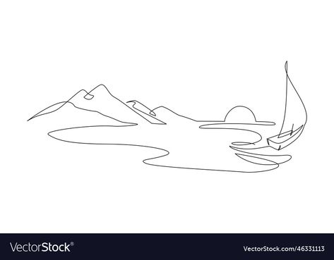 Sea Line Drawing, Sea Line Art, Adventure Line Art, Sunset Line Art, Sailing Drawing, Beach Line Art, Sunset Simple, Waterfall Tattoo, Grandpa Tattoo