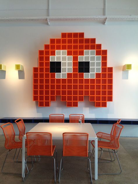 Dry Wall Ideas, Tetris Wall, Pacman Bedroom, Pacman Wall, Pacman Wall Art, Pacman Neon Sign, Mario Room, Geek Room, Arcade Room