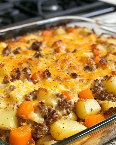 Casserole Kitchen Casseroles With Ground Meat, Dish With Hamburger Meat, $5 Dinner Ideas, Amish Beef Casserole, Amish Hamburger With Fall Veggies Bake, Best Hot Dish Recipes, Tasty Casseroles Dinners, Hamburger Potato Carrot Casserole, Bisquick Ground Beef Recipes