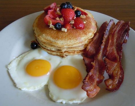 #breakfast platter #pancakes #eggs #bacon #berries #gabriels #marietta Pancakes And Bacon Aesthetic, Pancakes And Bacon Breakfast, Pancakes With Toppings, Pancake Eggs Bacon Breakfast, Pancakes Eggs And Bacon Breakfast, Pancake Breakfast Ideas, Bacon And Pancakes, Pancake Bacon, Pancakes With Bacon