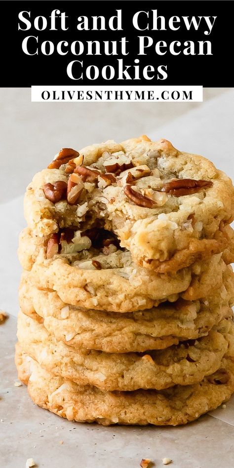 Coconut pecan cookies are soft, chewy and buttery sugar cookies filled with shredded coconut and toasted pecans. What I love most about this coconut pecan cookie recipe is that it’s almost no chill and is easy to make in one bowl. These pecan coconut cookies are the perfect cozy cookie to enjoy all year. Coconut Almond Cookies Recipes, Pecan And Coconut Cookies, Coconut Ranger Cookies Royal Caribbean, Candied Pecan Cookies, Carolina Coconut Cookies, Mixed Nut Cookies, Almond Pecan Cookies, Coconut Key Lime Cookies, Pecan Dreams Cookies